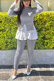 Gray Women Casual Long Sleeve Spliced Puff Sleeve Ruffle Pants Sets JZH8089