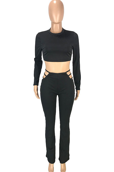 Green Autumn Winter New Long Sleeve Round Neck Dew Waist T-Shirts Flare Pants Solid Color Sets SM9207-3