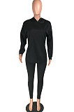 Black Cotton Blend Casual Long Sleeve Slit Hoodie Pencil Pants Slim Fitting Sets HH8942-1