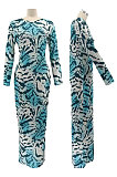 Black Women Round Collar Long Sleeve Printing Tight Sexy Loose Waist Long Dress KZ2142-3