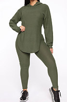 Drak Green Cotton Blend Casual Long Sleeve Slit Hoodie Pencil Pants Slim Fitting Sets HH8942-3