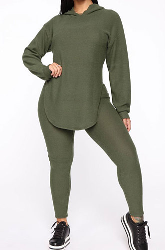 Drak Green Cotton Blend Casual Long Sleeve Slit Hoodie Pencil Pants Slim Fitting Sets HH8942-3