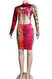 Red Women Sexy Bandage Hollow Out Printing Bodycon Crop Mini Dress KA7206