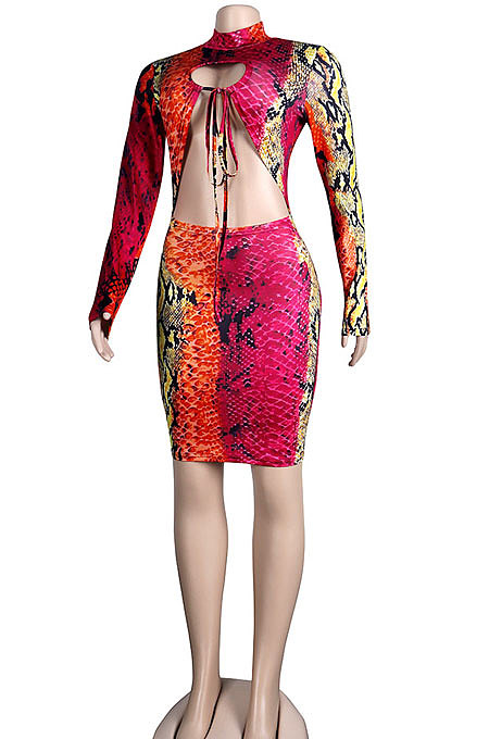 Red Women Sexy Bandage Hollow Out Printing Bodycon Crop Mini Dress KA7206