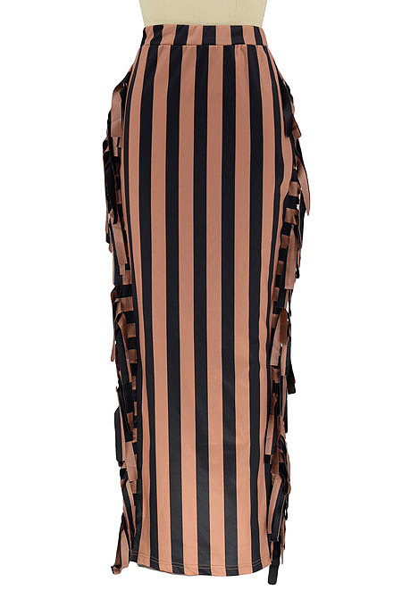 Apricot Euramerican Women Stripe Printing Tassel Pencil Skirts AL188-3