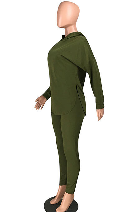 Drak Green Cotton Blend Casual Long Sleeve Slit Hoodie Pencil Pants Slim Fitting Sets HH8942-3