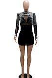 Blue Women Sexy Perspectivity Hip Mid Waist Zipper Bling Bling Mini Dress CCY9232A-3
