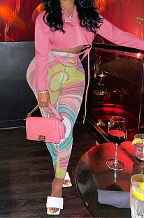 Pink Long Sleeve Shirts Mesh Spaghetti Printing Pants Sets FFE179-1