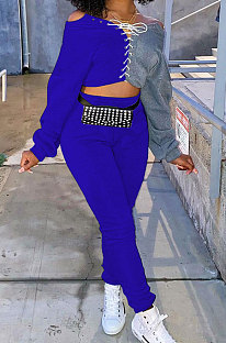 Royal Blue Cotton Blend Casual Spliced Eyelet Bandage Crop Tops High Waist Ankle Banded Pants Sets SM9208-3