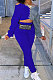 Royal Blue Cotton Blend Casual Spliced Eyelet Bandage Crop Tops High Waist Ankle Banded Pants Sets SM9208-3