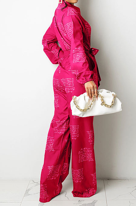 White Autumn Winter Digital Printing Long Sleeve Cardigan Shirts With Beltband Wide Leg Jumpsuits ARM8309-1