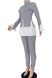 Gray Women Casual Long Sleeve Spliced Puff Sleeve Ruffle Pants Sets JZH8089