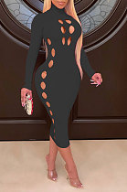 Black Women Hollow Out Solid Color Roudn Collar Mid Waist Long Sleeve Midi Dress JR3658-1