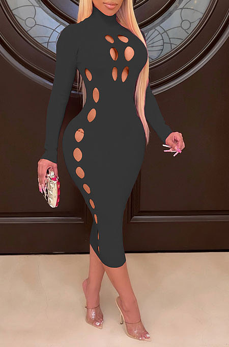 Black Women Hollow Out Solid Color Roudn Collar Mid Waist Long Sleeve Midi Dress JR3658-1