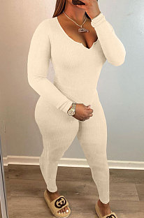 Apricot Simple Ribber Long Sleeve V Neck Tops Pencil Pants Solid Color Sets HT6075-4