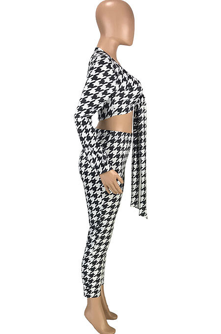 White Casual Plaid Printing Long Sleeve Bandage Tops Pencil Pants Slim Fitting Sets SM9209-3