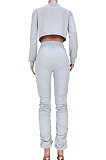 Gray Women Long Sleeve Round Collar Pure Color Crop Ruffle Pants Sets MDF5260-2