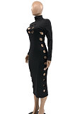 Rose Red Women Hollow Out Solid Color Roudn Collar Mid Waist Long Sleeve Midi Dress JR3658-4