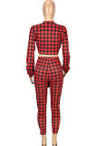 Pureple Casual Plaid Printing Long Sleeve Bandage Tops Pencil Pants Slim Fitting Sets SM9209-1