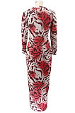 Red Women Round Collar Long Sleeve Printing Tight Sexy Loose Waist Long Dress KZ2142-1