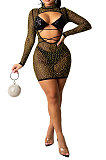 Black Women Sexy Round Collar Long Sleeve Hollow Out Perspectivity Hot Drilling Skinny Mini Dress CCY9229-1