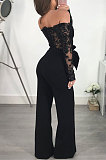 Wine Red Bodycon Long Sleeve Embroidered Lace Patchwork Strapless Wide Leg Jumpsuits QZ3227-1