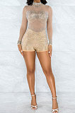 Apricot Women Long Sleeve Round Collar Hot Drilling Sexy Mesh Spaghetti Romper Shorts Q943-3