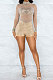 Apricot Women Long Sleeve Round Collar Hot Drilling Sexy Mesh Spaghetti Romper Shorts Q943-3