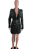 Black Fashion Winter Thicken PU Long Sleeve Lapel Neck With Beltband Dress QZ3327-1