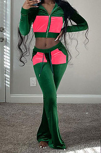 Dark Green Women Trendy Color Matching Crop Zipper Velvet Flare Leg Pants Sets MDF5265