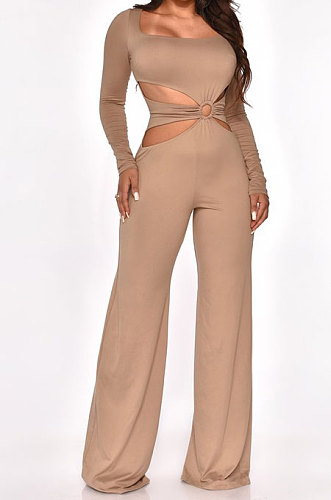 Khaki Sexy Cotton Blend Pure Color Long Sleeve Hollow Out Wide Leg Jumpsuits QZ6128-5