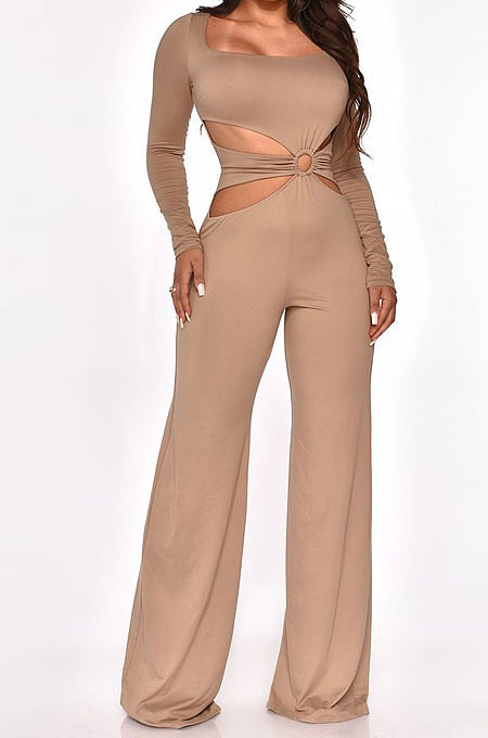 Khaki Sexy Cotton Blend Pure Color Long Sleeve Hollow Out Wide Leg Jumpsuits QZ6128-5