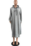 Red Cotton Blend Casual Pure Color Long Sleeve Loose Hooded Dress H1726-2