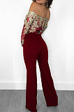 Wine Red Bodycon Long Sleeve Embroidered Lace Patchwork Strapless Wide Leg Jumpsuits QZ3227-1