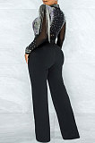 Black Women Fashion Sexy Bodycon High Collar Perspectivity Bling Bling Tassel Bodycon Jumpsuits CCY9232B-1