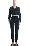 Grey Casual Velvet Pure Color Long Sleeve Zip Front Hoodie High Waist Elasticbelt Sweat Pants Sets SY8826-5