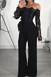 Black Bodycon Long Sleeve Embroidered Lace Patchwork Strapless Wide Leg Jumpsuits QZ3227-3