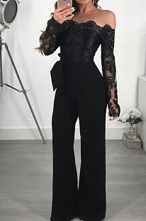 Black Bodycon Long Sleeve Embroidered Lace Patchwork Strapless Wide Leg Jumpsuits QZ3227-3