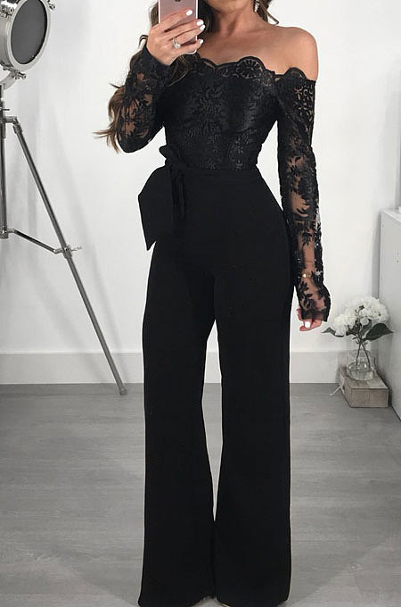 Black Bodycon Long Sleeve Embroidered Lace Patchwork Strapless Wide Leg Jumpsuits QZ3227-3