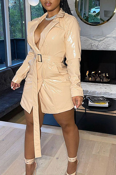 Apricot Fashion Winter Thicken PU Long Sleeve Lapel Neck With Beltband Dress QZ3327-2