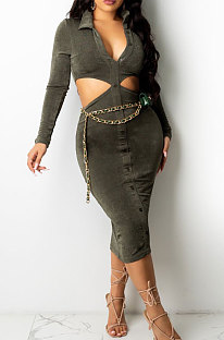 Army Green Fashion Velvet Elastic Long Sleeve Deep V Neck Hollow Out Wrap Dress QZ7004-1