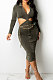Army Green Fashion Velvet Elastic Long Sleeve Deep V Neck Hollow Out Wrap Dress QZ7004-1