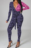 Purple Pink Wholesale Contarstcolor Spliced Letter Printing Long Sleeve V Collar Beltband Bodycon Jumpsuits TL6611-3