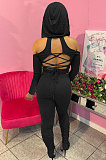 Black Casual Cotton Blend Off Shoulder Long Sleeve Back Bandage Hoodie High Waist Slit Ruffle Pants Solid Color Sets WM21907-1