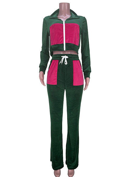 Dark Green Women Trendy Color Matching Crop Zipper Velvet Flare Leg Pants Sets MDF5265