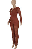 Red Women Fashion Sexy Mesh Spaghetti Long Sleeve Zipper Ruffle Bodycon Jumpsuits FFE186-2