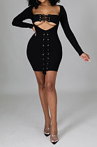 Black Women Long Sleeve Autumn Ribber Eyelet Tied Solid Color Bodycon Mini Dress Q965-3