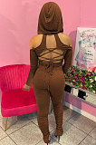 Red Casual Cotton Blend Off Shoulder Long Sleeve Back Bandage Hoodie High Waist Slit Ruffle Pants Solid Color Sets WM21907-2