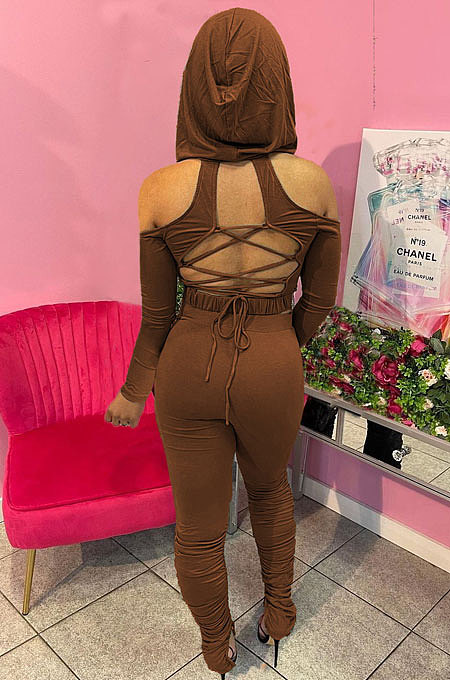 Yellow Casual Cotton Blend Off Shoulder Long Sleeve Back Bandage Hoodie High Waist Slit Ruffle Pants Solid Color Sets WM21907-5