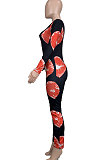 Black Women Cute Lips Sexy Long Sleeve Zipper Bodycon Jumpsuits MOL175-1